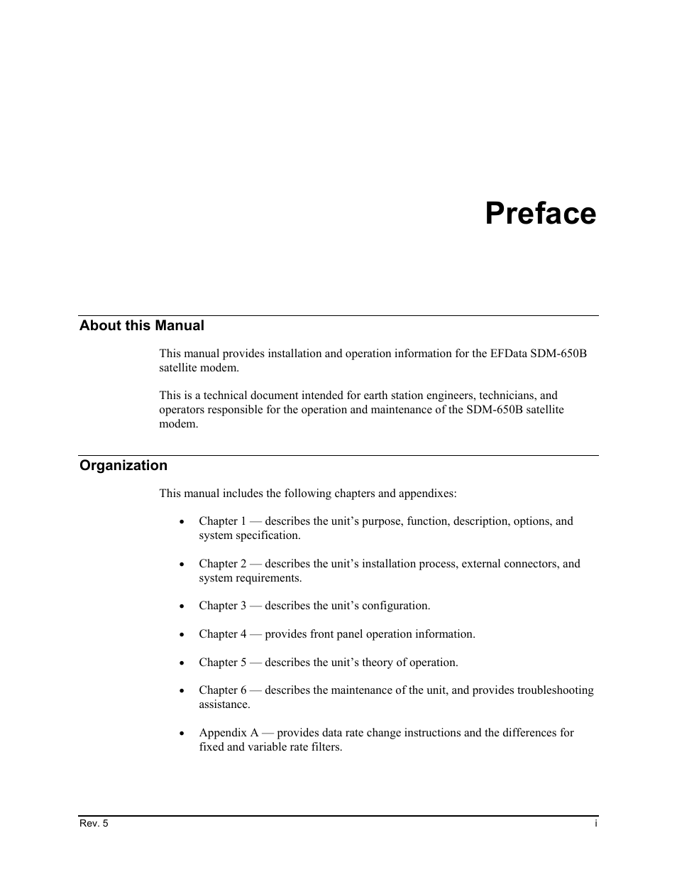 Preface, About this manual, Organization | Comtech EF Data SDM-650B User Manual | Page 5 / 348