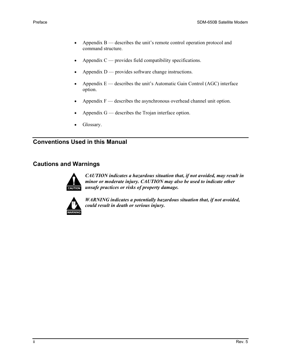 Conventions used in this manual, Cautions and warnings | Comtech EF Data SDM-650B User Manual | Page 6 / 348