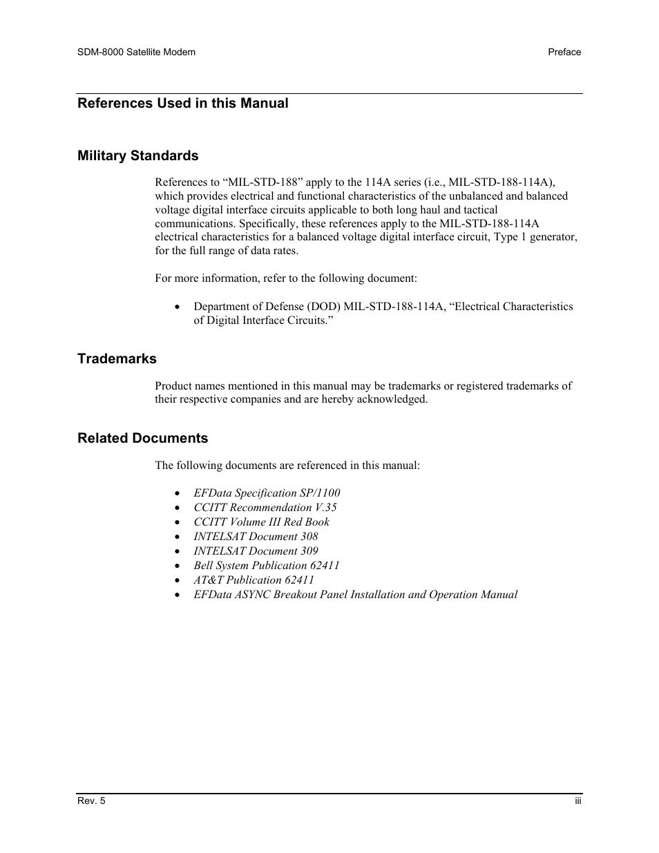 References used in this manual, Military standards, Trademarks | Related documents | Comtech EF Data SDM-650B User Manual | Page 7 / 348