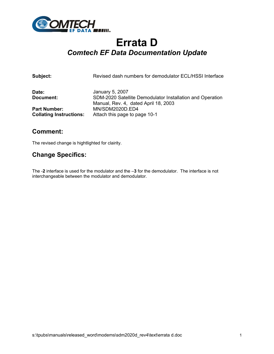 Errata d, Comtech ef data documentation update | Comtech EF Data SDM-2020 User Manual | Page 10 / 234