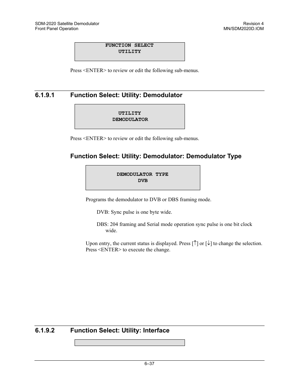 Function select: utility: demodulator, Function select: utility: interface | Comtech EF Data SDM-2020 User Manual | Page 101 / 234