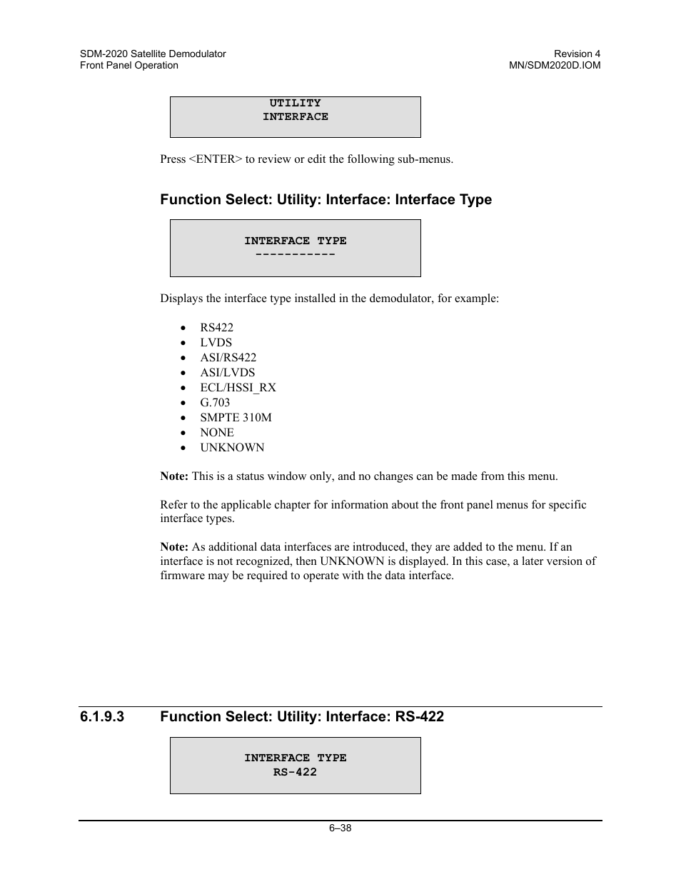 Function select: utility: interface: rs-422 | Comtech EF Data SDM-2020 User Manual | Page 102 / 234