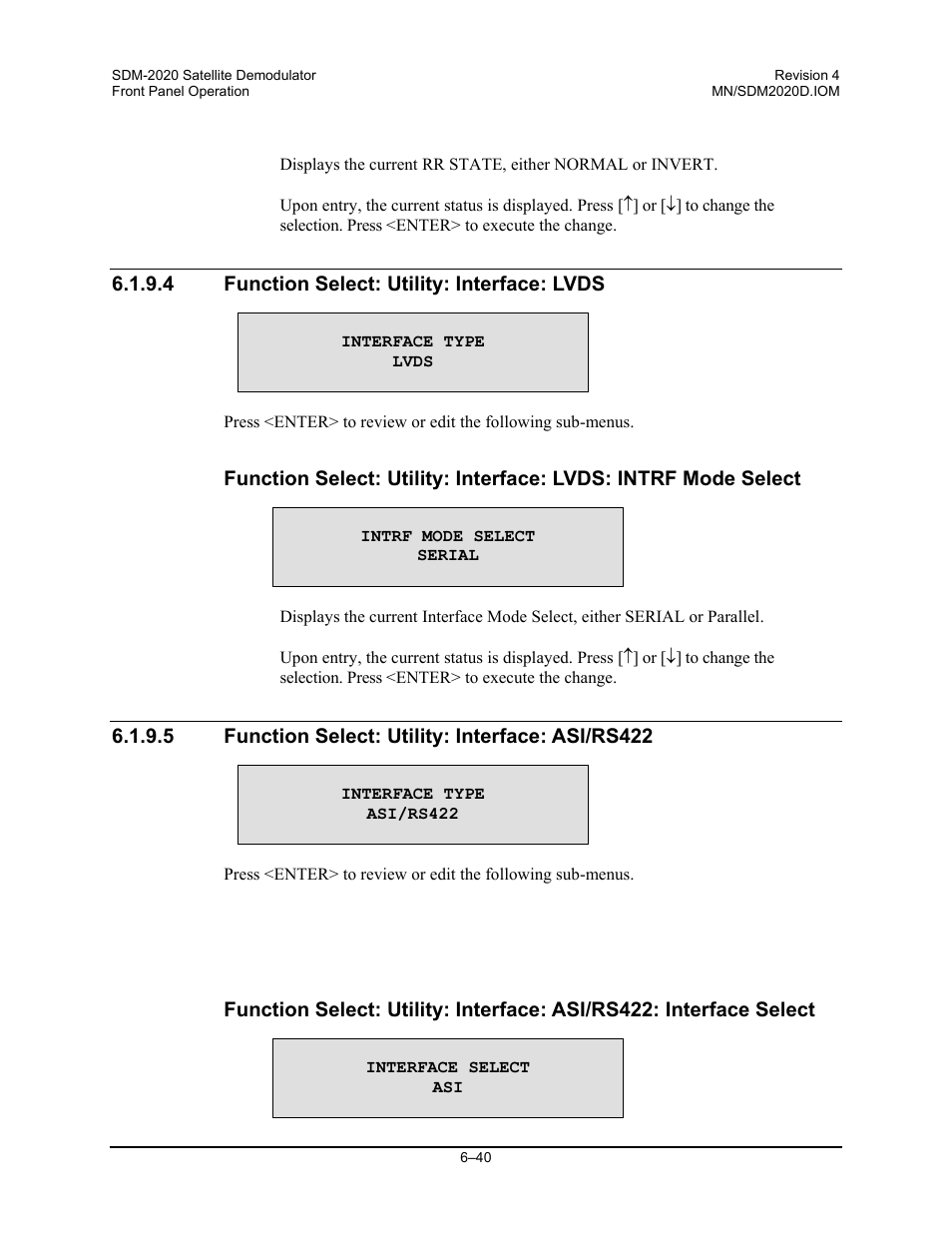 Function select: utility: interface: lvds, Function select: utility: interface: asi/rs422 | Comtech EF Data SDM-2020 User Manual | Page 104 / 234