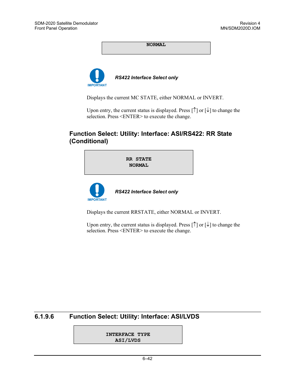 Function select: utility: interface: asi/lvds, 6 function select: utility: interface: asi/lvds | Comtech EF Data SDM-2020 User Manual | Page 106 / 234