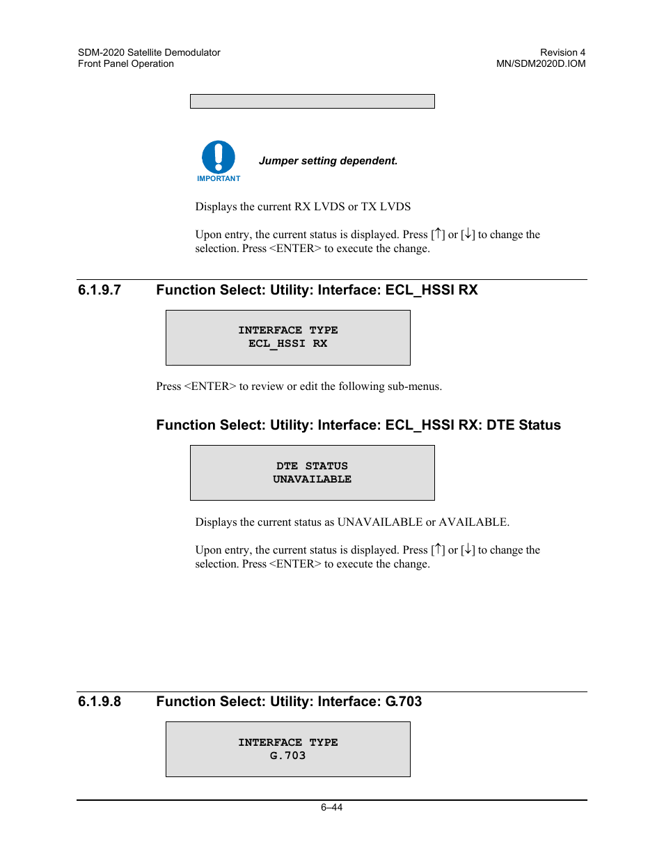 Function select: utility: interface: ecl_hssi rx, Function select: utility: interface: g.703 | Comtech EF Data SDM-2020 User Manual | Page 108 / 234