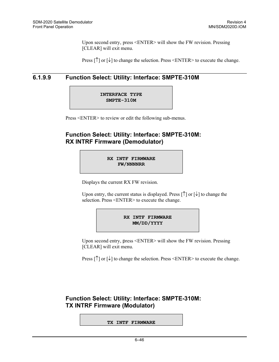 Function select: utility: interface: smpte-310m | Comtech EF Data SDM-2020 User Manual | Page 110 / 234