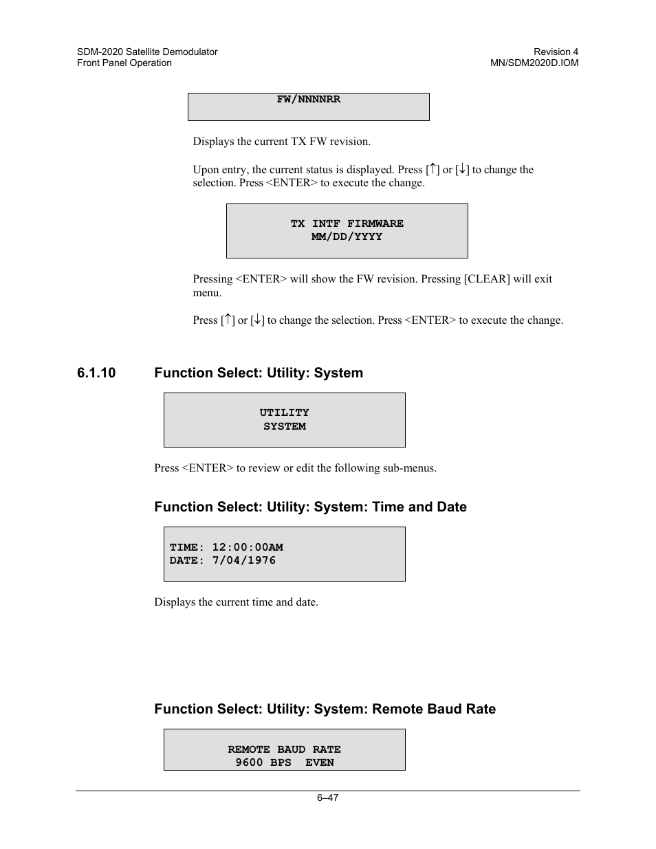 Function select: utility: system | Comtech EF Data SDM-2020 User Manual | Page 111 / 234