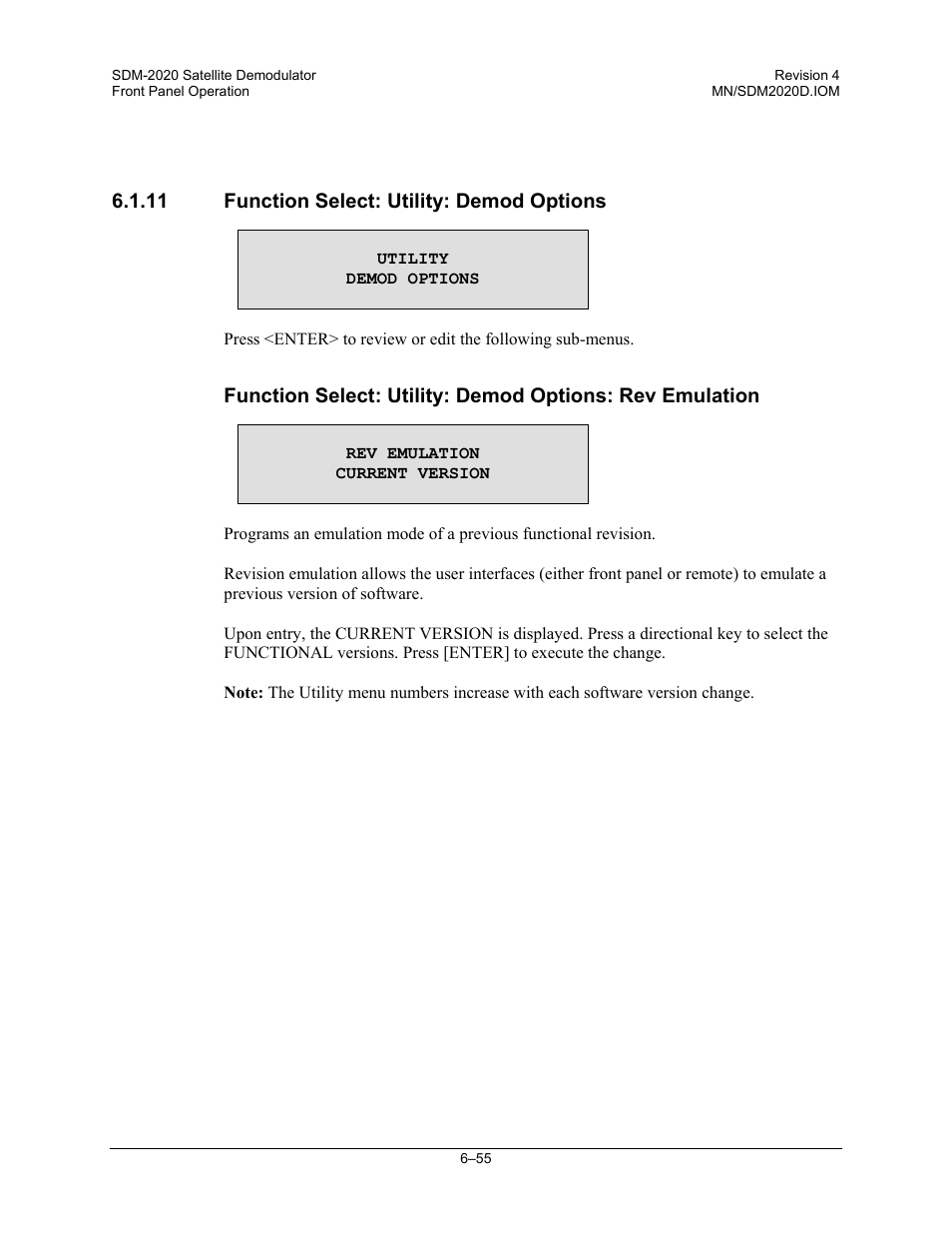 Function select: utility: demod options | Comtech EF Data SDM-2020 User Manual | Page 119 / 234