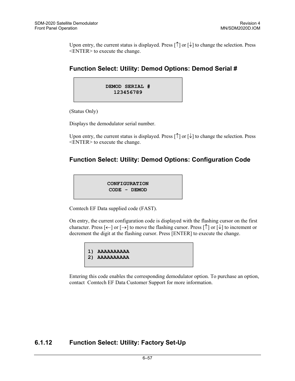 Function select: utility: factory set-up | Comtech EF Data SDM-2020 User Manual | Page 121 / 234