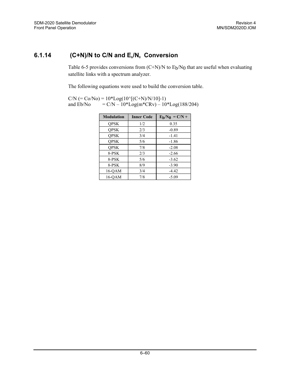 C+n)/n to c/n and eb/no conversion, 14 (c+n)/n to c/n and e, Conversion | Comtech EF Data SDM-2020 User Manual | Page 124 / 234