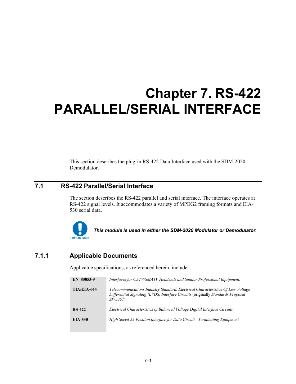 Rs-422 parallel/serial interface, Chapter 7. rs-422 parallel/serial interface | Comtech EF Data SDM-2020 User Manual | Page 127 / 234