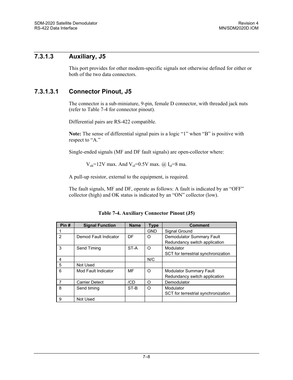 3 auxiliary, j5, 1 connector pinout, j5 | Comtech EF Data SDM-2020 User Manual | Page 134 / 234