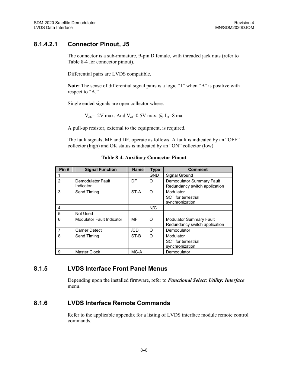 1 connector pinout, j5, 5 lvds interface front panel menus, 6 lvds interface remote commands | Comtech EF Data SDM-2020 User Manual | Page 144 / 234