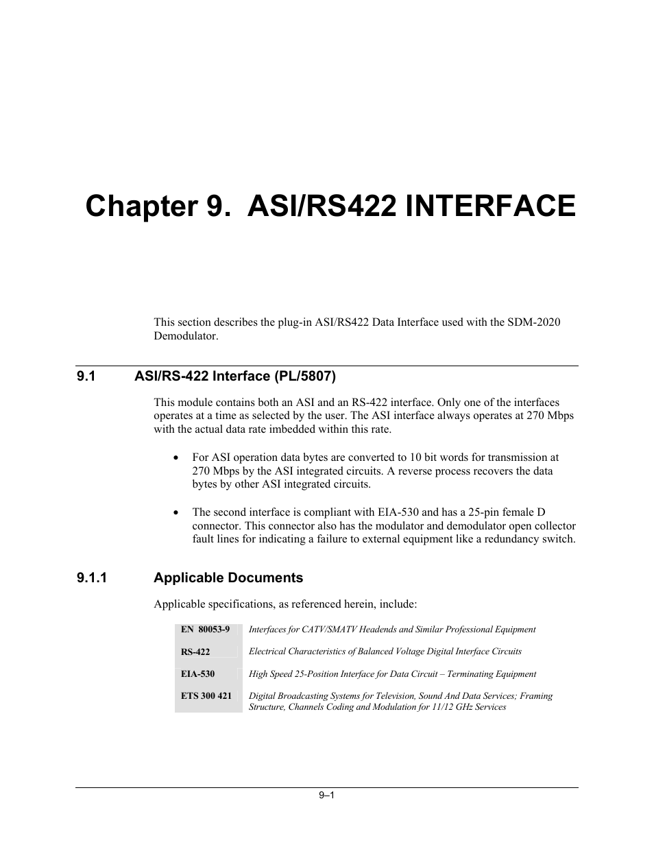 Asi/rs422 interface, Chapter 9. asi/rs422 interface | Comtech EF Data SDM-2020 User Manual | Page 145 / 234