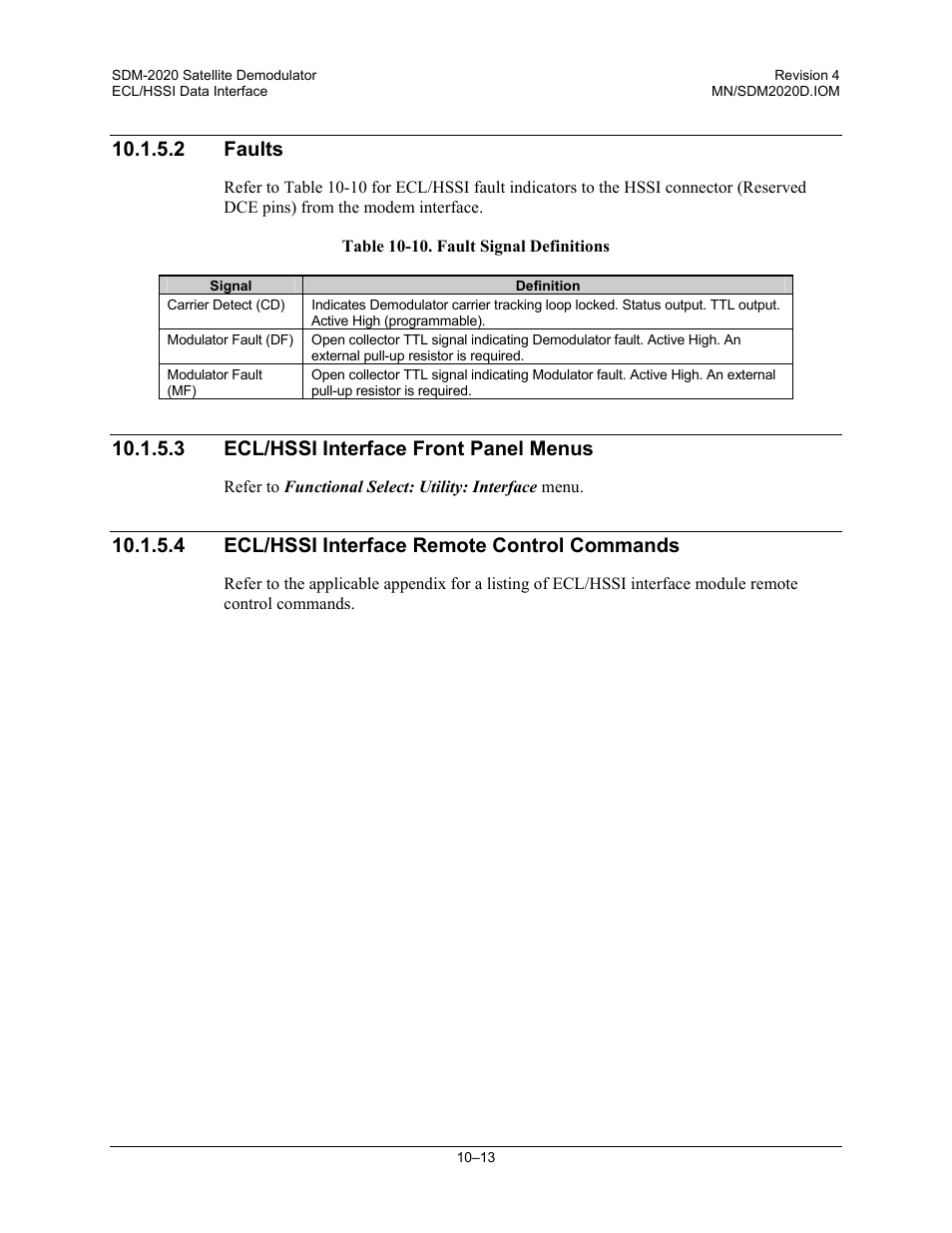 2 faults, 3 ecl/hssi interface front panel menus, 4 ecl/hssi interface remote control commands | Comtech EF Data SDM-2020 User Manual | Page 165 / 234