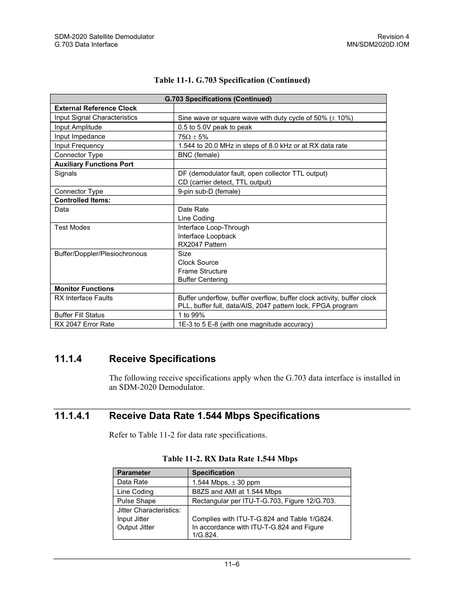 4 receive specifications | Comtech EF Data SDM-2020 User Manual | Page 172 / 234