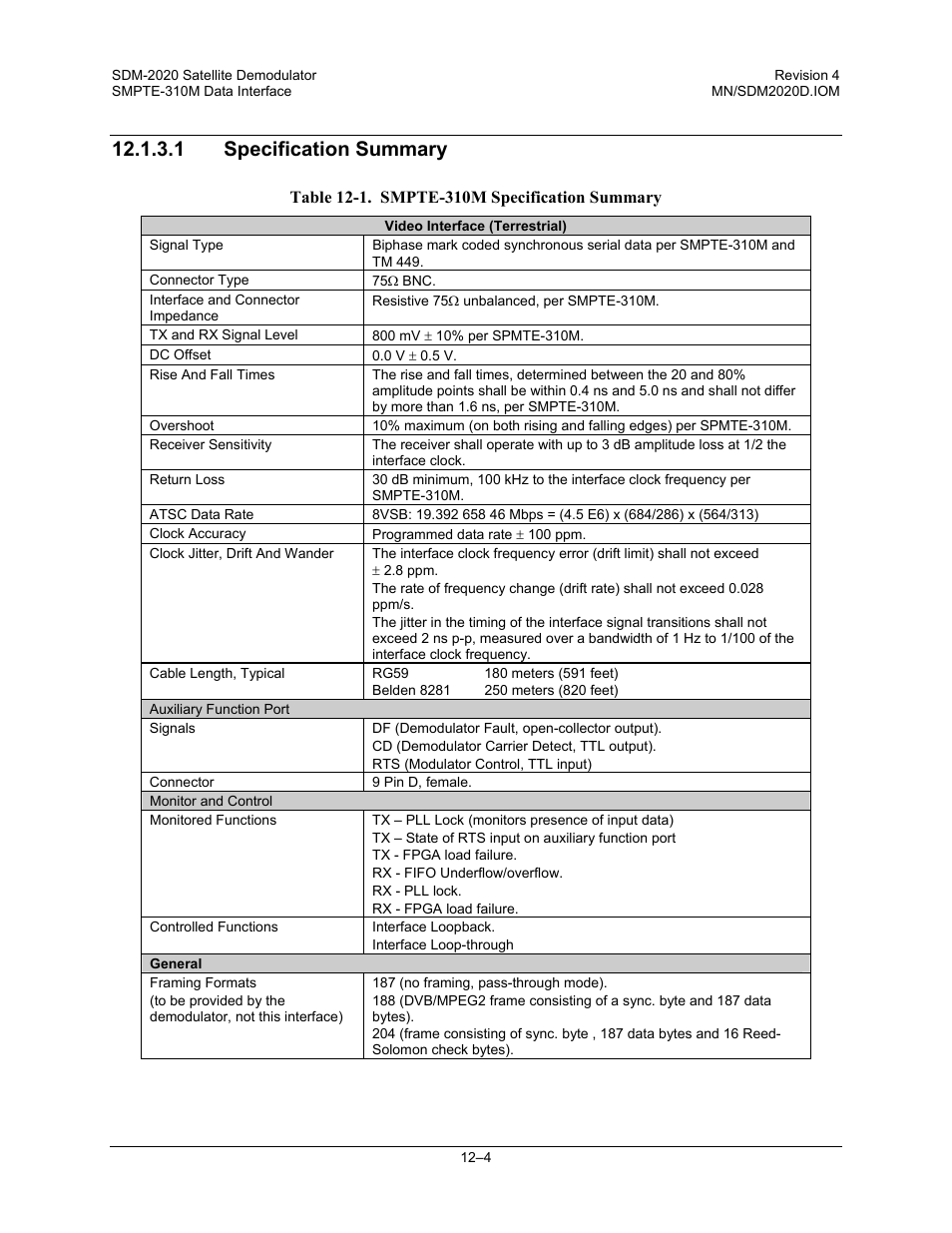 1 specification summary | Comtech EF Data SDM-2020 User Manual | Page 186 / 234
