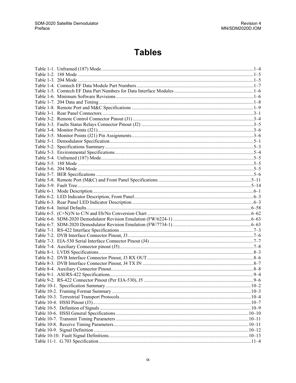 Tables | Comtech EF Data SDM-2020 User Manual | Page 19 / 234