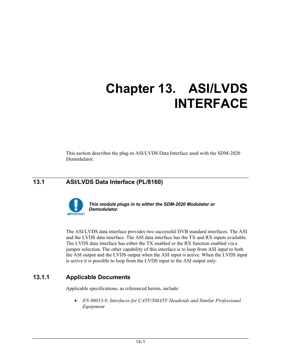 Asi/lvds interface, Chapter 13. asi/lvds interface | Comtech EF Data SDM-2020 User Manual | Page 191 / 234