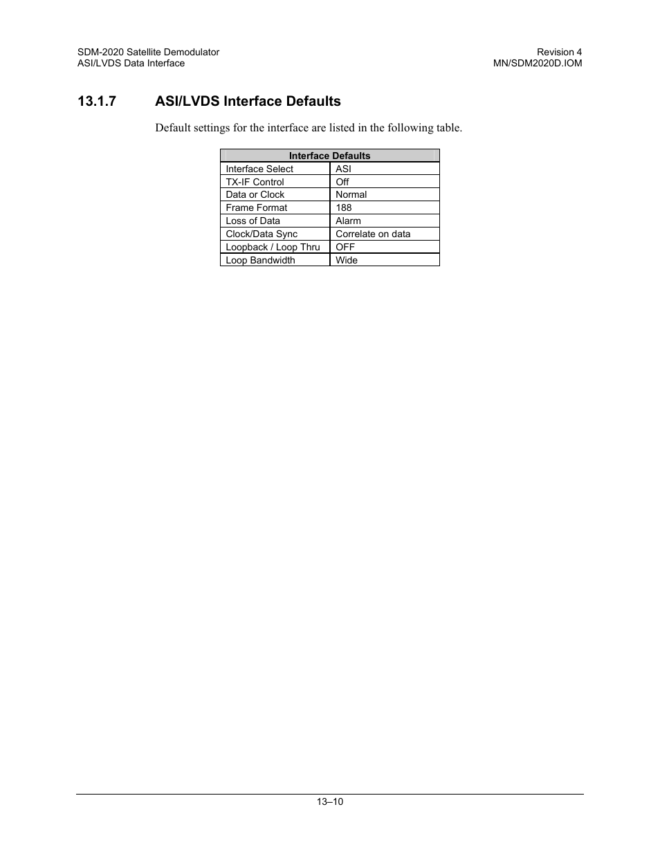 7 asi/lvds interface defaults | Comtech EF Data SDM-2020 User Manual | Page 200 / 234