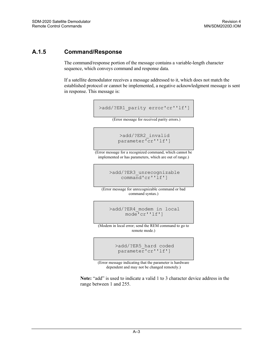 A.1.5 command/response | Comtech EF Data SDM-2020 User Manual | Page 203 / 234