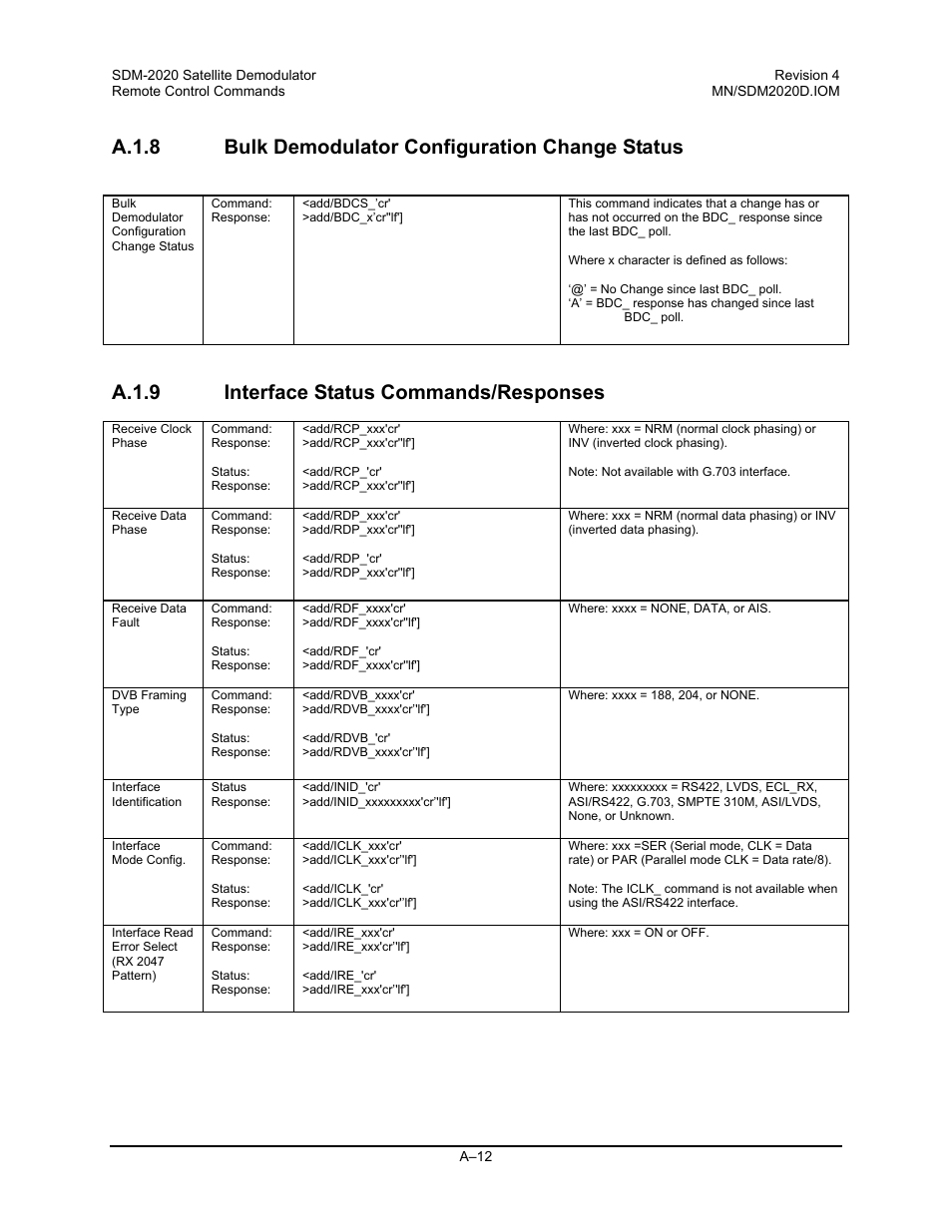 A.1.8 bulk demodulator configuration change status, A.1.9 interface status commands/responses | Comtech EF Data SDM-2020 User Manual | Page 212 / 234