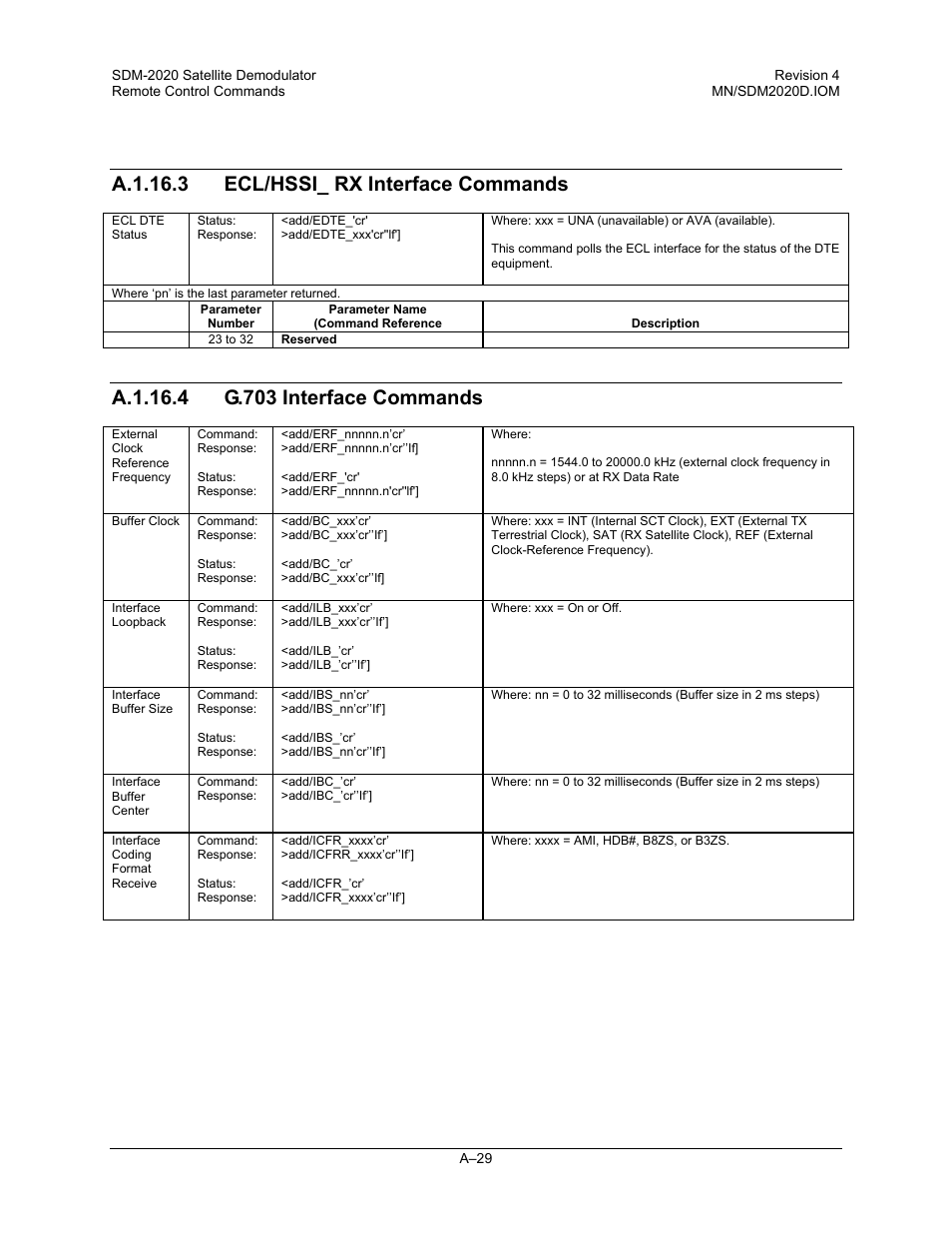 A.1.16.3 ecl/hssi_ rx interface commands | Comtech EF Data SDM-2020 User Manual | Page 229 / 234