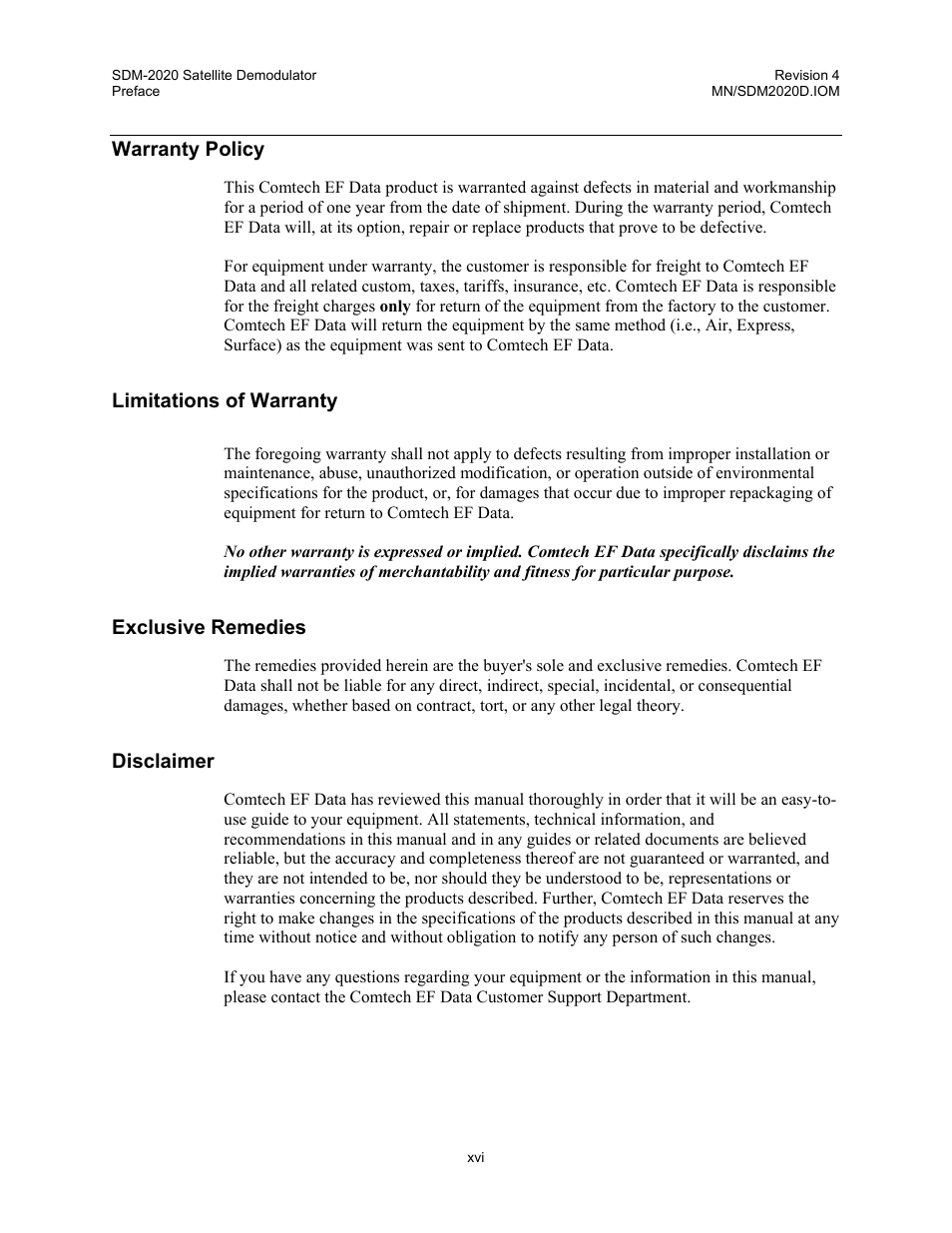Warranty policy, Limitations of warranty, Exclusive remedies | Disclaimer | Comtech EF Data SDM-2020 User Manual | Page 26 / 234