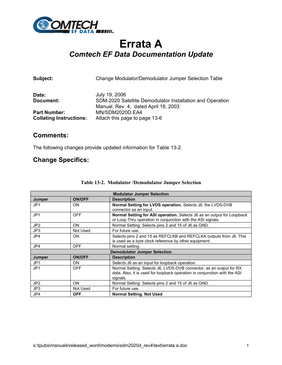 Errata a, Comtech ef data documentation update, Comments | Change specifics | Comtech EF Data SDM-2020 User Manual | Page 3 / 234