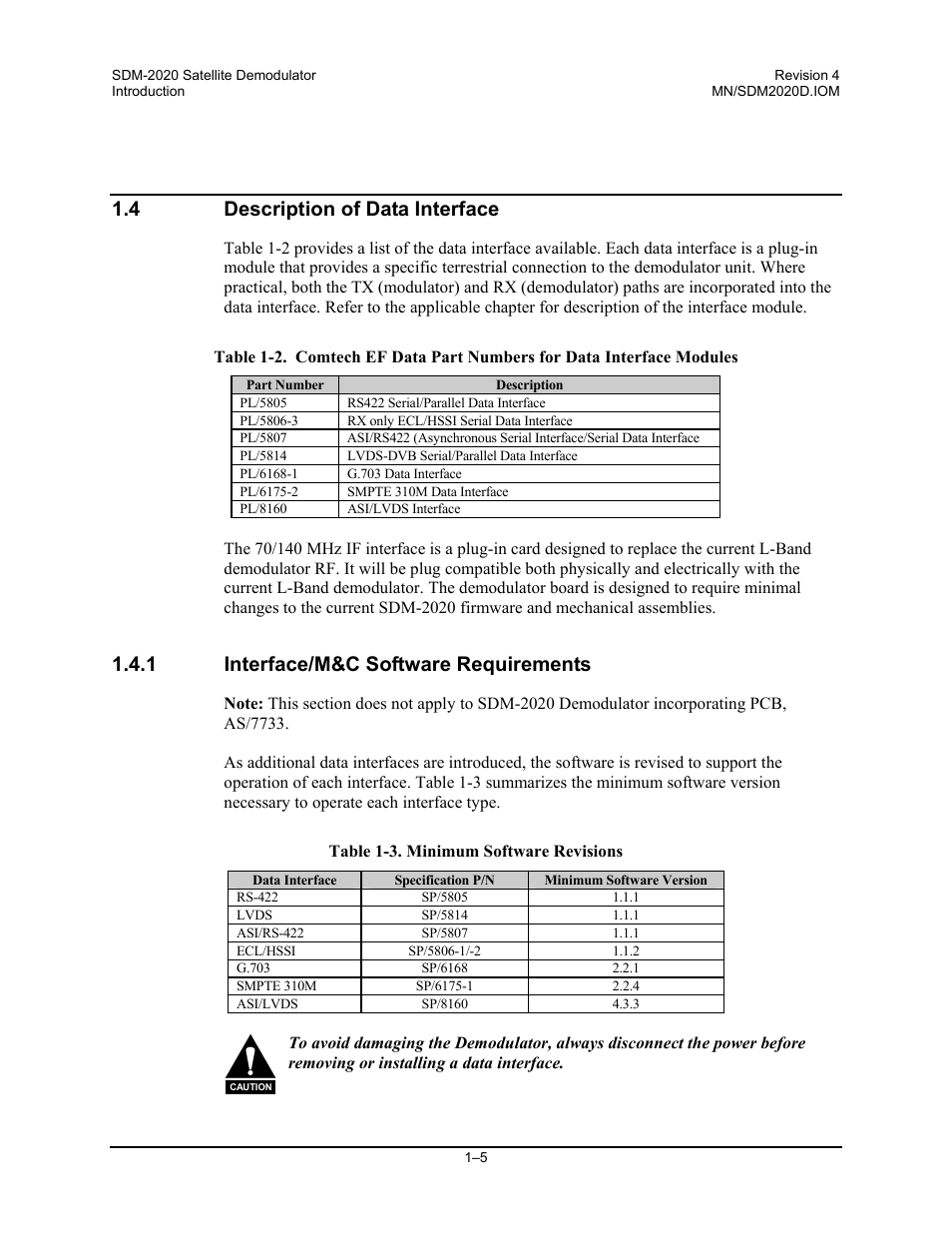 Description of data interfaces, 4 description of data interface, 1 interface/m&c software requirements | Comtech EF Data SDM-2020 User Manual | Page 31 / 234