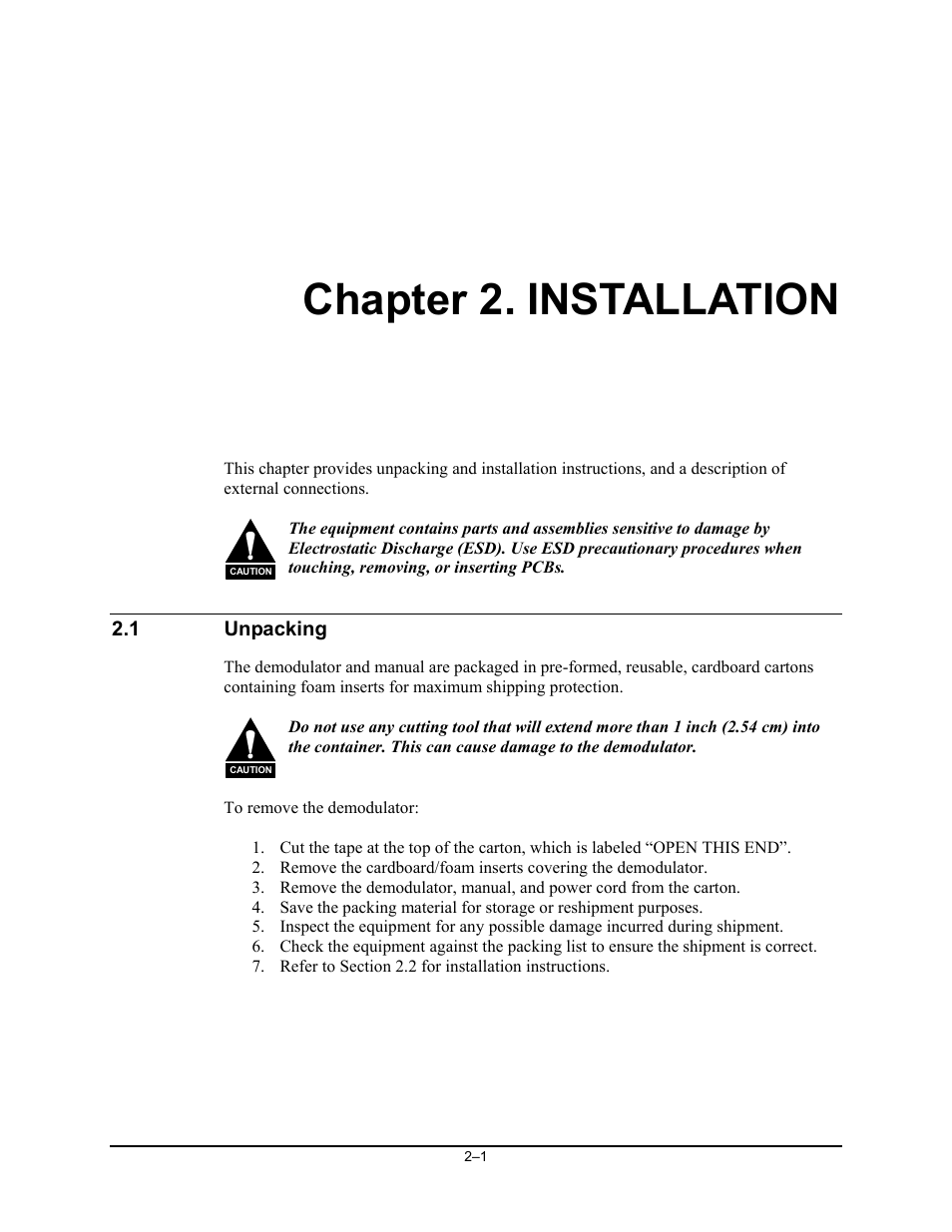 Installation, Unpacking, Chapter 2. installation | Comtech EF Data SDM-2020 User Manual | Page 35 / 234