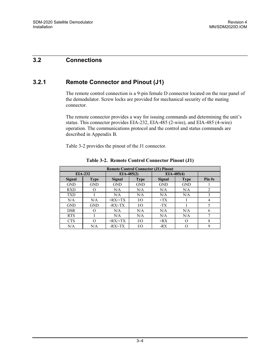 Connections, Remote connector and pinout (j1) | Comtech EF Data SDM-2020 User Manual | Page 44 / 234