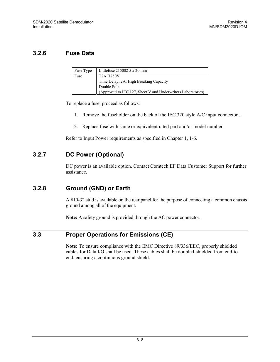 Fuse data, Dc power, Ground | Proper operations for emissions (ce) | Comtech EF Data SDM-2020 User Manual | Page 48 / 234