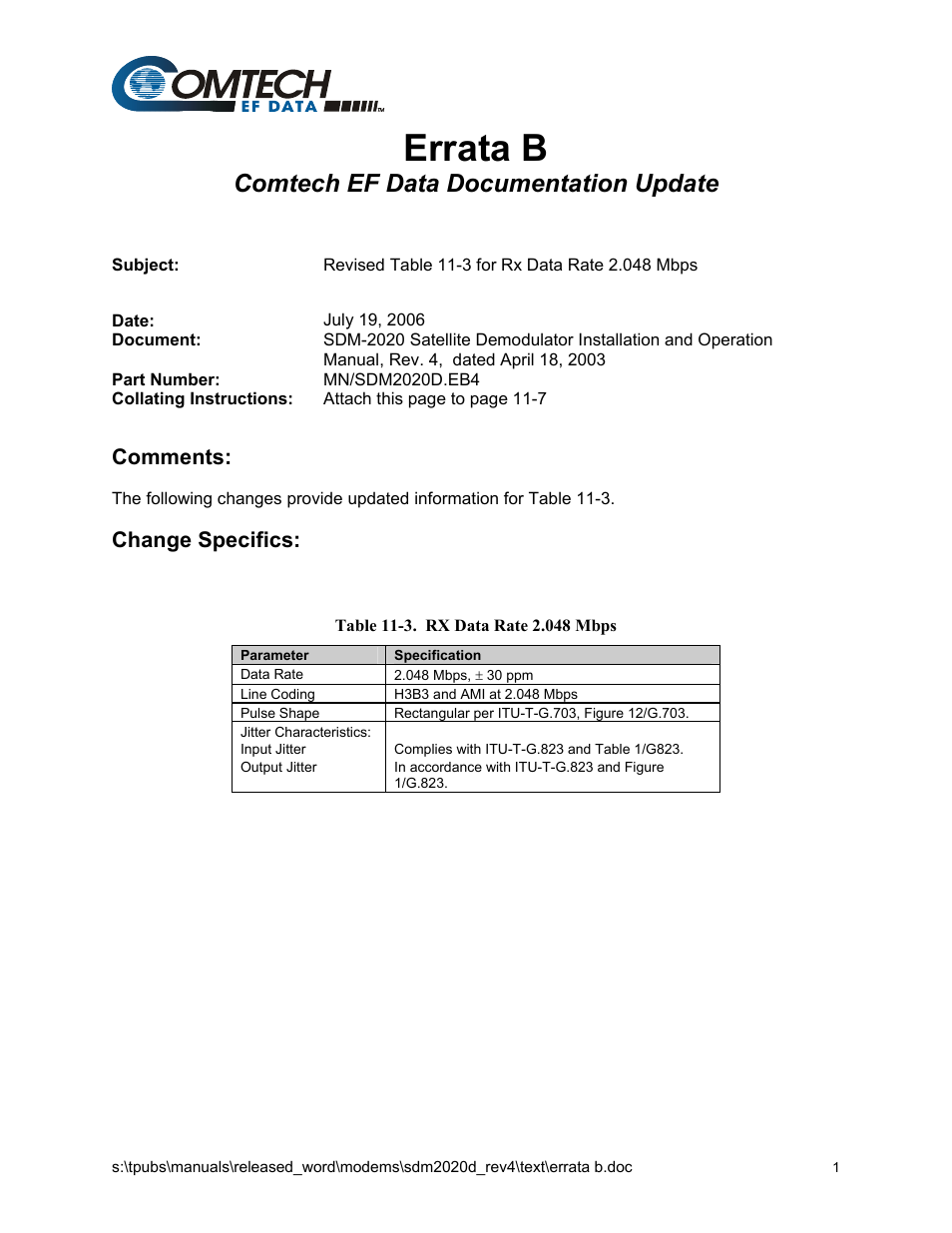 Errata b, Comtech ef data documentation update, Comments | Change specifics | Comtech EF Data SDM-2020 User Manual | Page 5 / 234