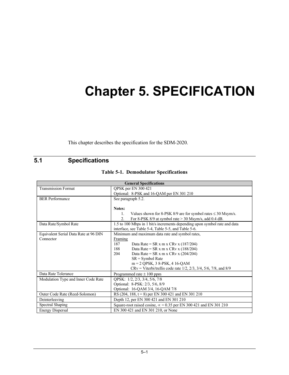 Specification, Chapter 5. specification, 1 specifications | Comtech EF Data SDM-2020 User Manual | Page 53 / 234