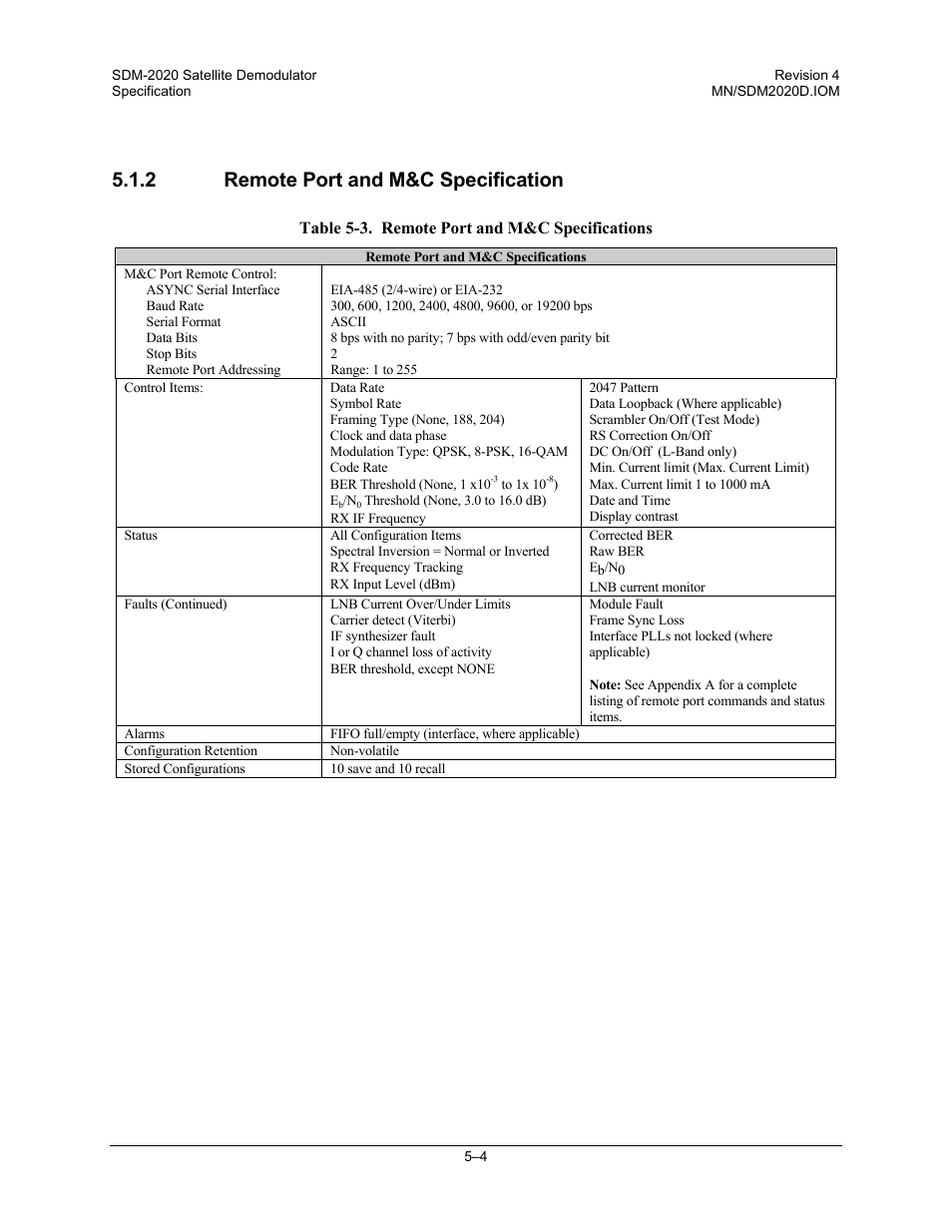 Remote port and m&c specification, 2 remote port and m&c specification | Comtech EF Data SDM-2020 User Manual | Page 56 / 234