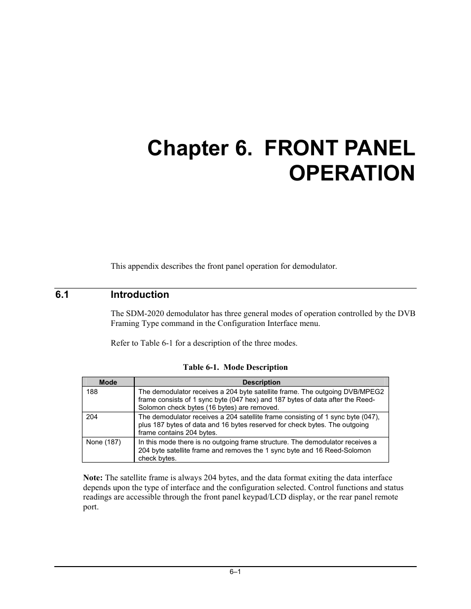 Front panel operation, Introduction, Chapter 6. front panel operation | Comtech EF Data SDM-2020 User Manual | Page 65 / 234