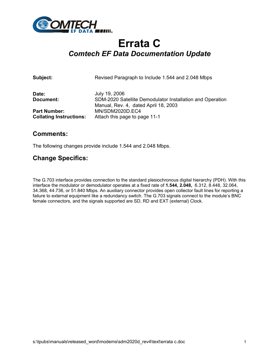 Errata c, Comtech ef data documentation update | Comtech EF Data SDM-2020 User Manual | Page 7 / 234