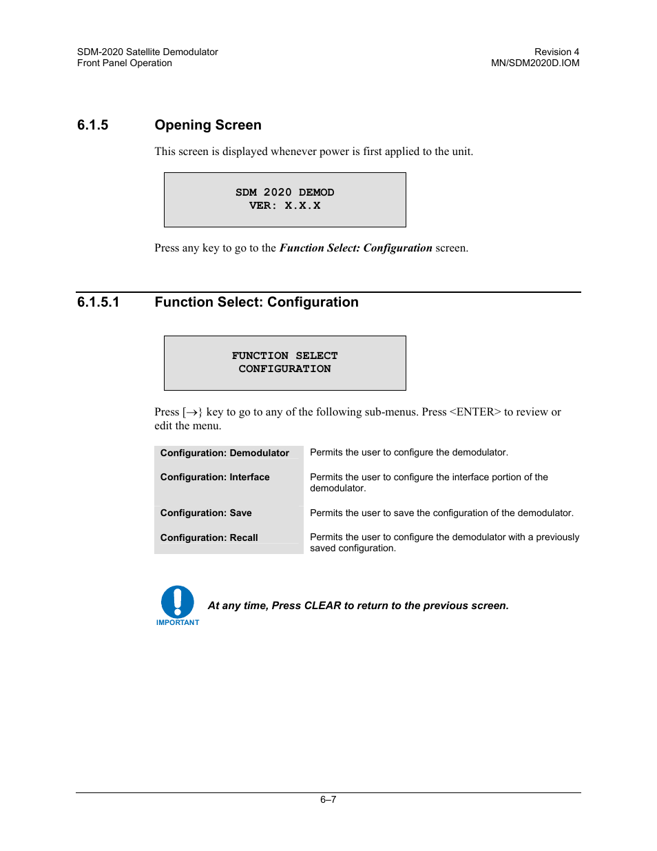 Opening screen, Function select: configuration, 5 opening screen | 1 function select: configuration | Comtech EF Data SDM-2020 User Manual | Page 71 / 234