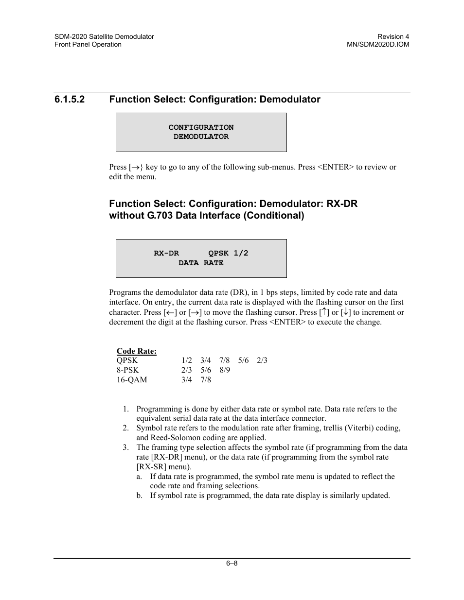 Function select: configuration: demodulator | Comtech EF Data SDM-2020 User Manual | Page 72 / 234