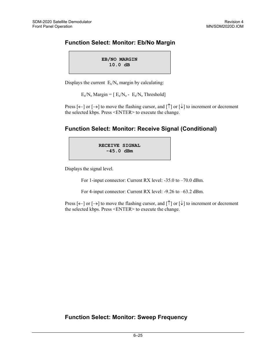 Function select: monitor: eb/no margin, Function select: monitor: sweep frequency | Comtech EF Data SDM-2020 User Manual | Page 89 / 234