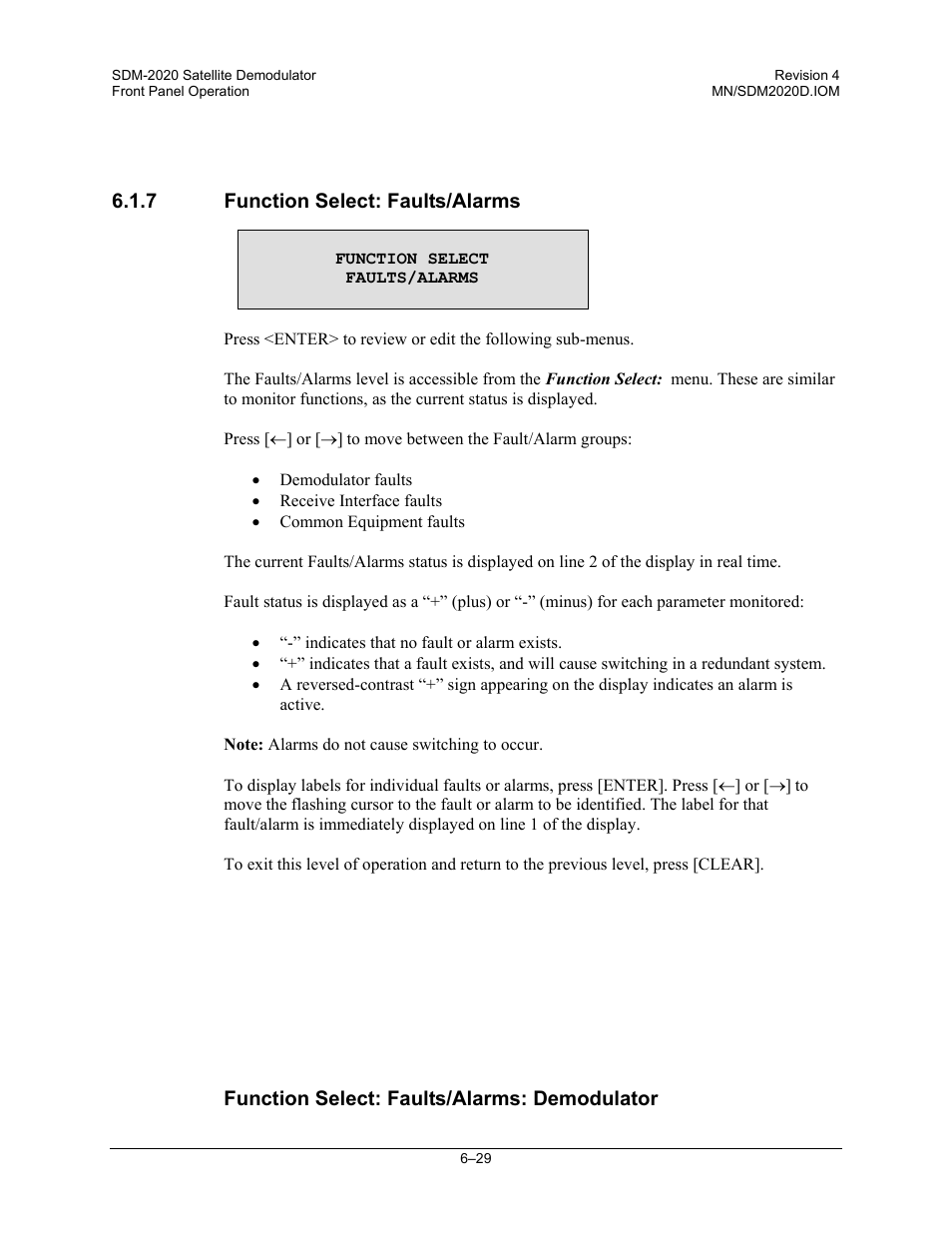 Function select: faults/alarms | Comtech EF Data SDM-2020 User Manual | Page 93 / 234