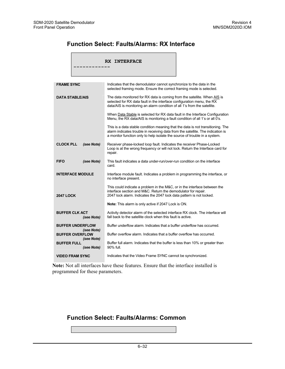 Function select: faults/alarms: rx interface, Function select: faults/alarms: common | Comtech EF Data SDM-2020 User Manual | Page 96 / 234