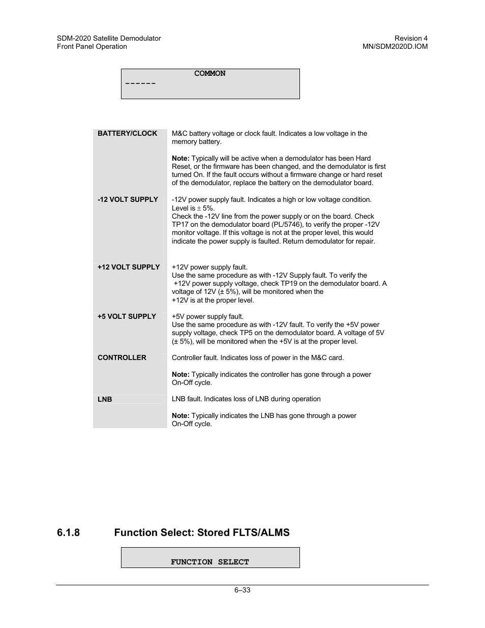 Function select: stored flts/alms, 8 function select: stored flts/alms | Comtech EF Data SDM-2020 User Manual | Page 97 / 234