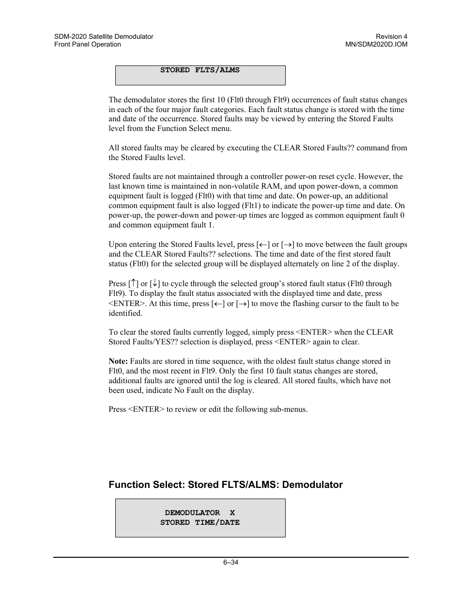 Function select: stored flts/alms: demodulator | Comtech EF Data SDM-2020 User Manual | Page 98 / 234