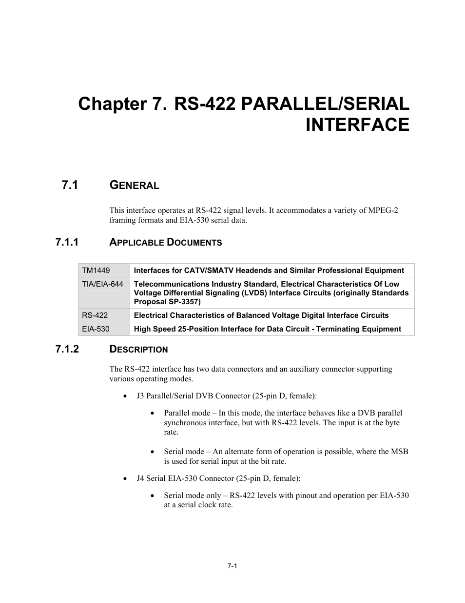 Rs-422 parallel/serial interface, General, Applicable documents | Description, Chapter 7. rs-422 parallel/serial interface | Comtech EF Data SDM-2020 User Manual | Page 100 / 266