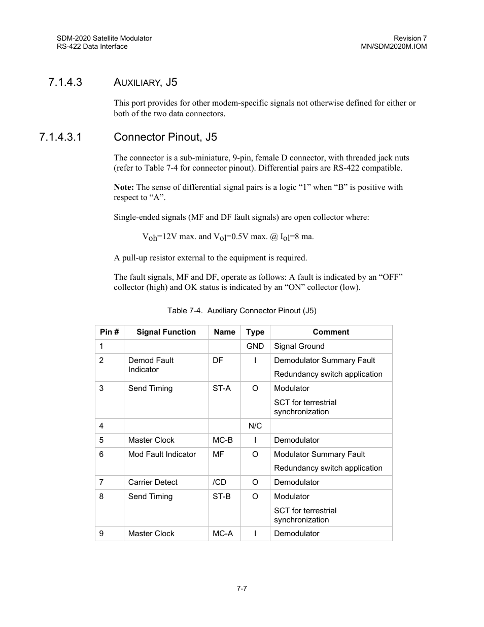 1 connector pinout, j5 | Comtech EF Data SDM-2020 User Manual | Page 106 / 266