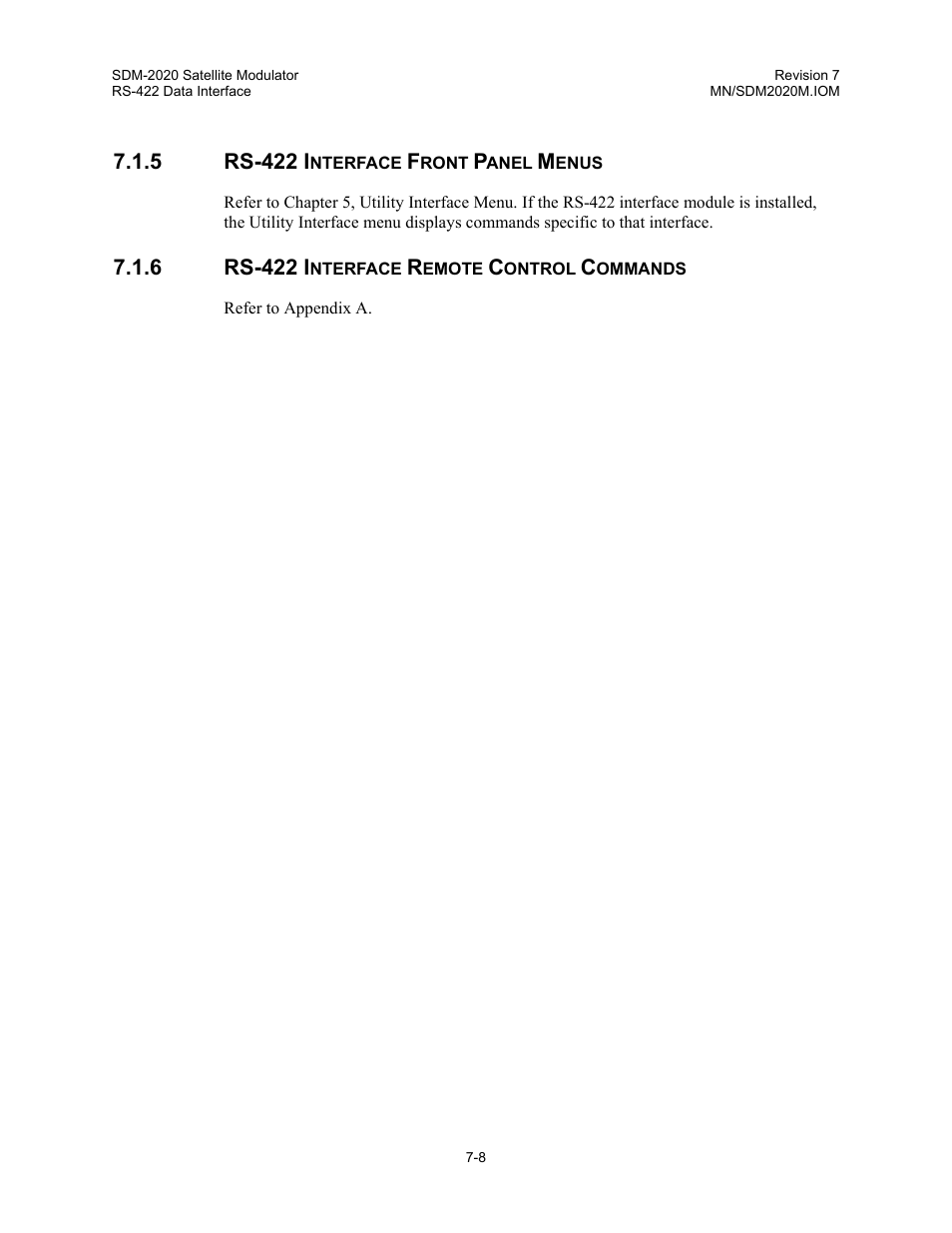 Rs-422 interface front panel menus, Rs-422 interface remote control commands | Comtech EF Data SDM-2020 User Manual | Page 107 / 266