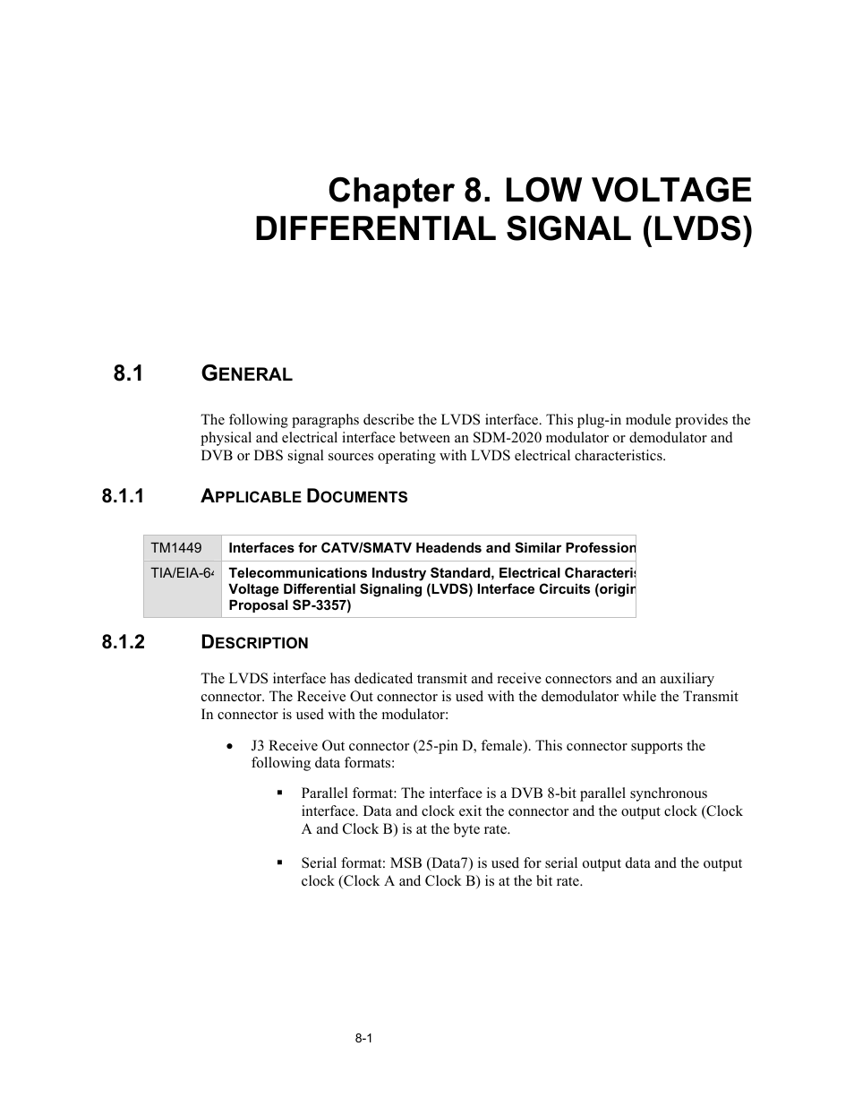 Low voltage differential signal (lvds), General, Applicable documents | Description, Chapter 8. low voltage differential signal (lvds) | Comtech EF Data SDM-2020 User Manual | Page 108 / 266