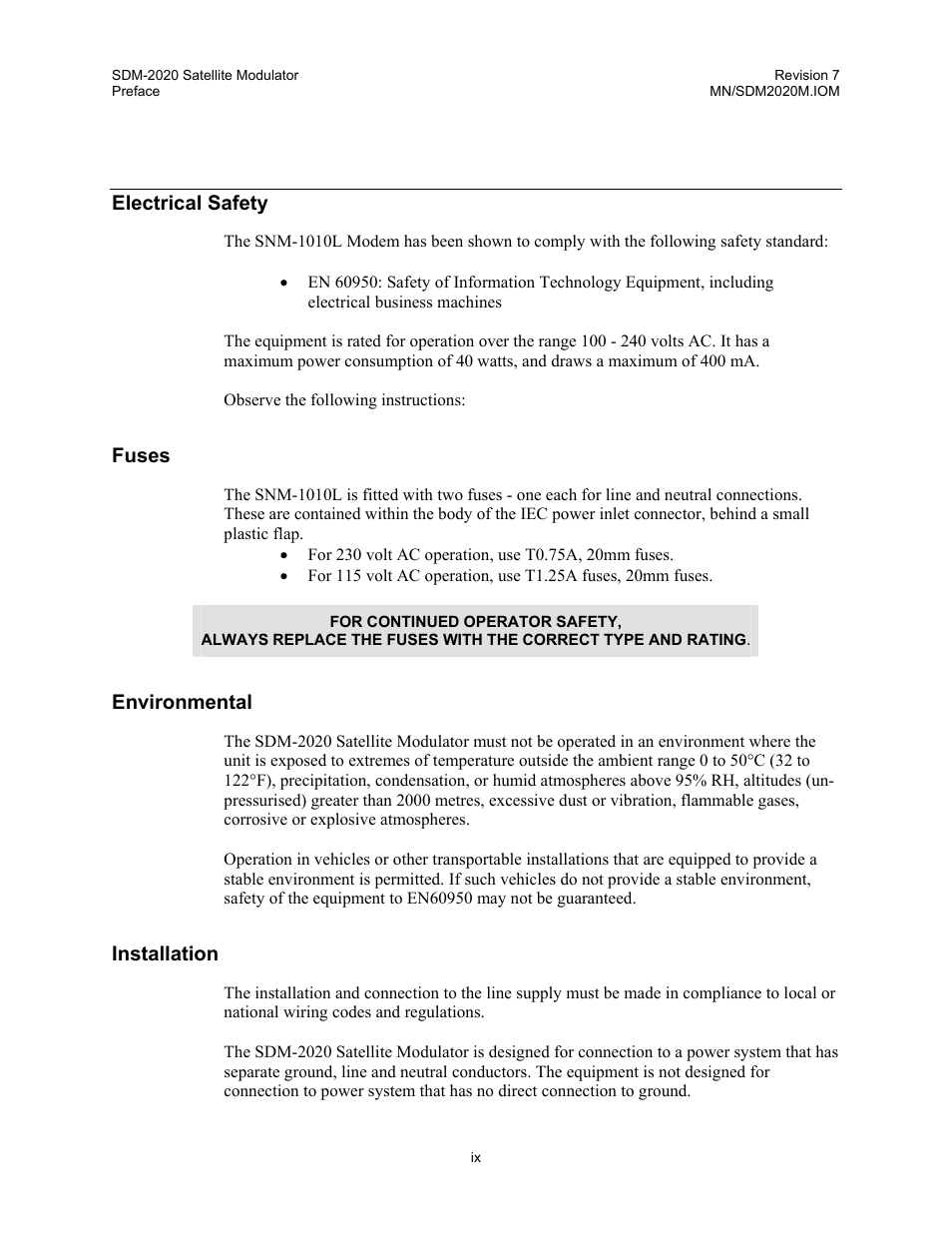 Electrical safety, Fuses, Environmental | Installation | Comtech EF Data SDM-2020 User Manual | Page 11 / 266